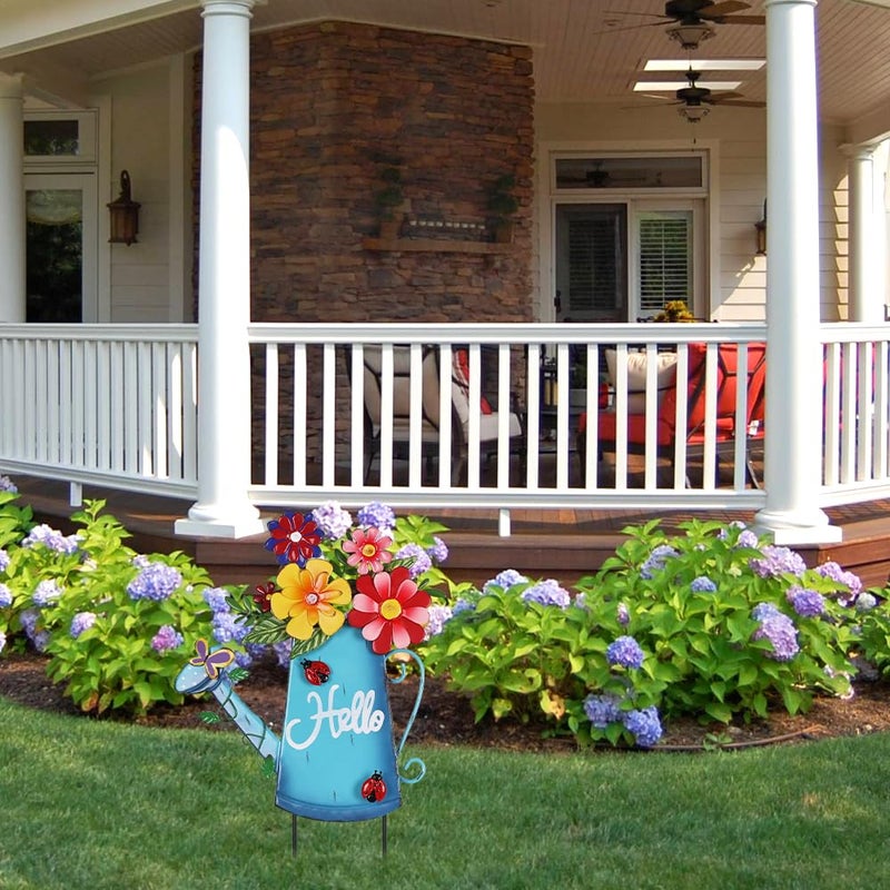 hogardeck Garden Decor for Outside, Metal Watering Can Decorative Garden Stakes with Flowers, Yard Art Welcome Spring Signs for Outdoor Lawn Backyard Porch Patio Garden Decorations - Image 3