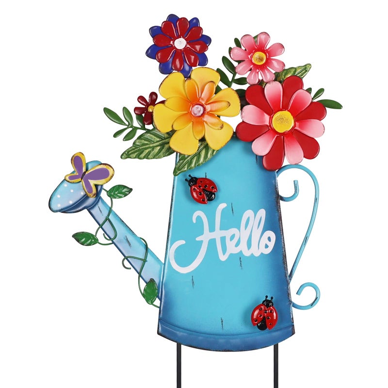 hogardeck Garden Decor for Outside, Metal Watering Can Decorative Garden Stakes with Flowers, Yard Art Welcome Spring Signs for Outdoor Lawn Backyard Porch Patio Garden Decorations - Image 1