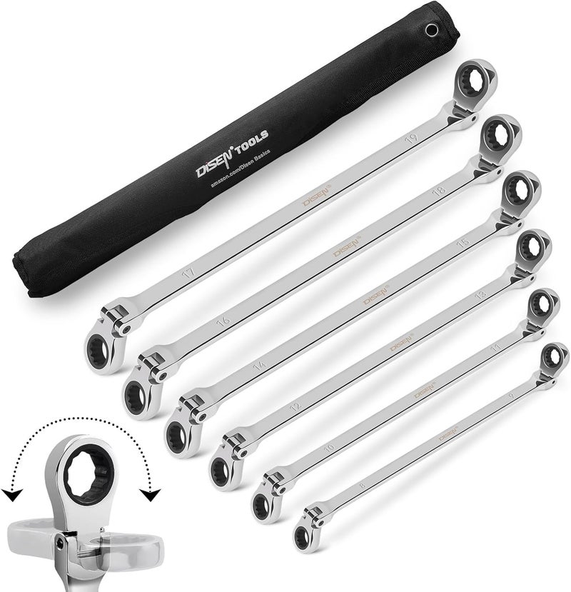 DISEN Extra Long Flex Head Ratcheting Wrench set, 6Pcs Double Box End Long Reach Ratchet Wrench Set Metric 8-19mm, CRV Steel, with Pouch, Gifts for Father, Man - Image 1