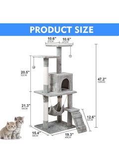 SKY-TOUCH Cat Tree Tower, Cat Condo with Sisal Scratching Post,Activity Centre Cat Climbing Tree with Cat House, Hammock, Sisal Posts, Ladder, and Rest Place for Indoor Cat（120×49×39cm）Grey  - Image 1