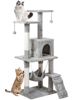 SKY-TOUCH Cat Tree Tower, Cat Condo with Sisal Scratching Post,Activity Centre Cat Climbing Tree with Cat House, Hammock, Sisal Posts, Ladder, and Rest Place for Indoor Cat（120×49×39cm）Grey  - Image 3