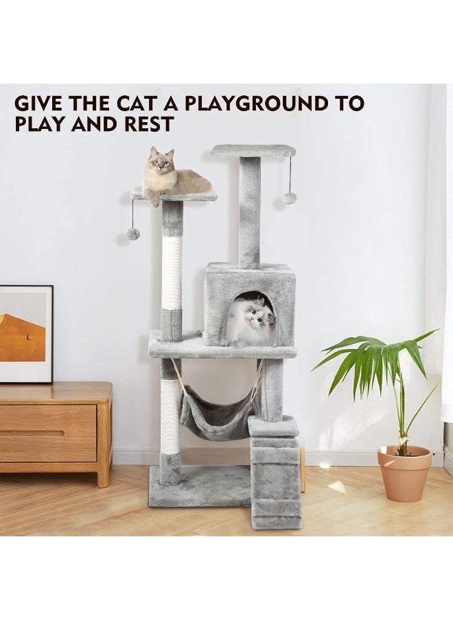 SKY-TOUCH - Cat Tree Tower, Cat Condo with Sisal Scratching Post,Activity Centre Cat Climbing Tree with Cat House, Hammock, Sisal Posts, Ladder, and Rest Place for Indoor Cat（120×49×39cm）Grey - Image 1