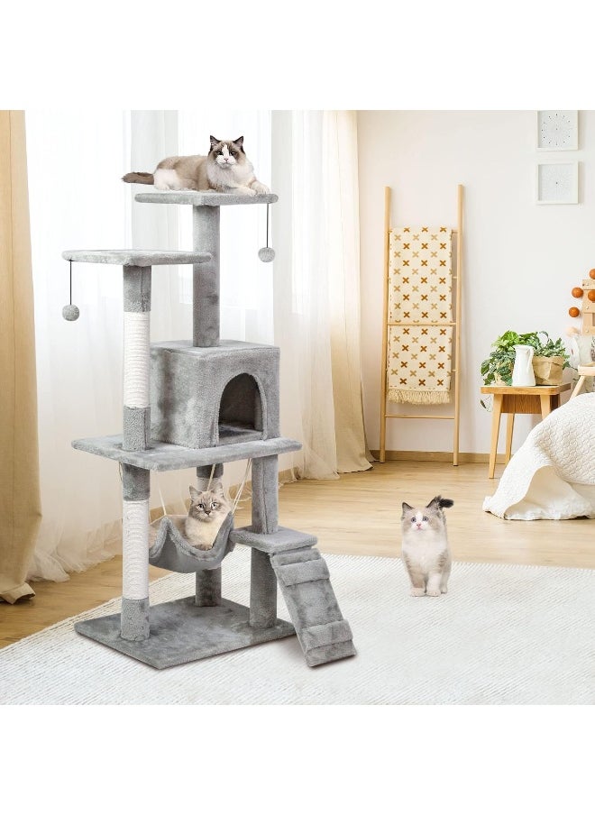 SKY-TOUCH - Cat Tree Tower, Cat Condo with Sisal Scratching Post,Activity Centre Cat Climbing Tree with Cat House, Hammock, Sisal Posts, Ladder, and Rest Place for Indoor Cat（120×49×39cm）Grey - Image 1
