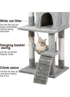 SKY-TOUCH Cat Tree Tower, Cat Condo with Sisal Scratching Post,Activity Centre Cat Climbing Tree with Cat House, Hammock, Sisal Posts, Ladder, and Rest Place for Indoor Cat（120×49×39cm）Grey  - Image 5