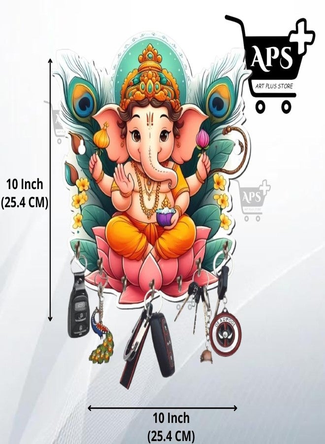APS ART PLUS STORE Decorative Lord Ganesha Key Holder, Wall-Mounted, Lotus Design with Peacock Feathers, Multi-Hook, 10 * 10 Inches Big Size Key Holder - Image 2