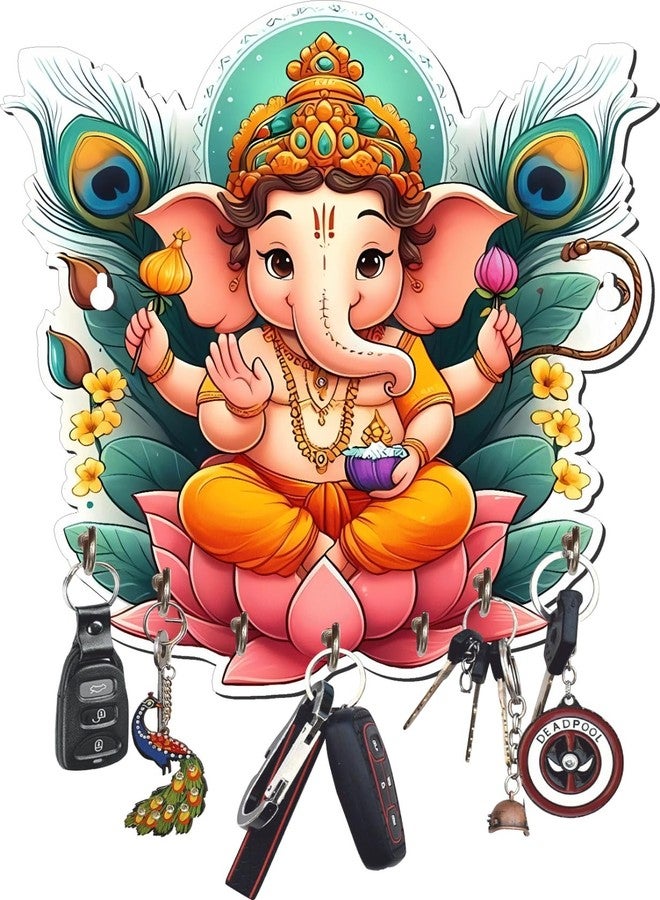 APS ART PLUS STORE Decorative Lord Ganesha Key Holder, Wall-Mounted, Lotus Design with Peacock Feathers, Multi-Hook, 10 * 10 Inches Big Size Key Holder - Image 1
