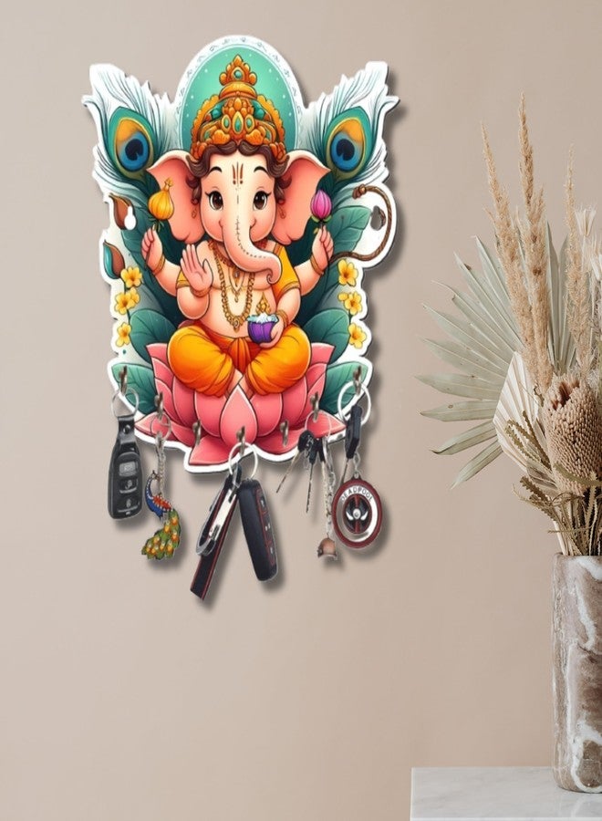 APS ART PLUS STORE Decorative Lord Ganesha Key Holder, Wall-Mounted, Lotus Design with Peacock Feathers, Multi-Hook, 10 * 10 Inches Big Size Key Holder - Image 3