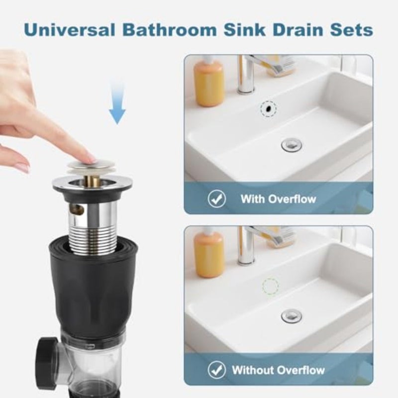 Bathroom Sink Drain Kit, Flexible P-Trap Drain Pipe with Pop Up Stopper, Expandable Bathroom Sink Pipe Replacement with 2 Adapters, Fits 1-1/4'', 1-1/2'', 2" Holes, Hair Catcher - Image 2