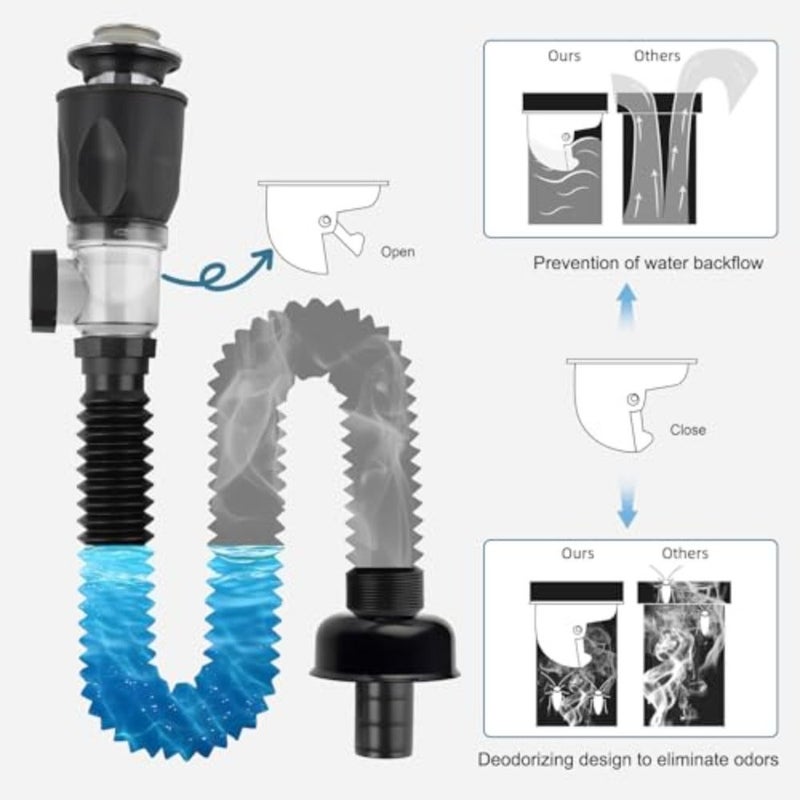 Bathroom Sink Drain Kit, Flexible P-Trap Drain Pipe with Pop Up Stopper, Expandable Bathroom Sink Pipe Replacement with 2 Adapters, Fits 1-1/4'', 1-1/2'', 2" Holes, Hair Catcher - Image 3