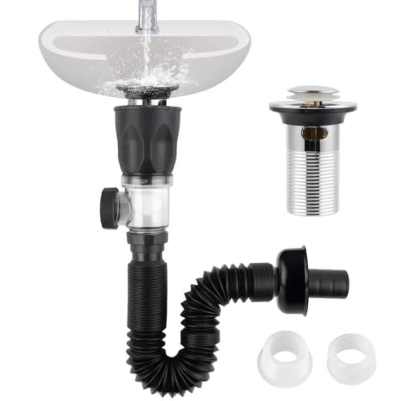 Bathroom Sink Drain Kit, Flexible P-Trap Drain Pipe with Pop Up Stopper, Expandable Bathroom Sink Pipe Replacement with 2 Adapters, Fits 1-1/4'', 1-1/2'', 2" Holes, Hair Catcher - Image 1