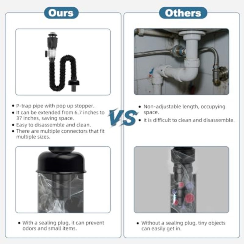 Bathroom Sink Drain Kit, Flexible P-Trap Drain Pipe with Pop Up Stopper, Expandable Bathroom Sink Pipe Replacement with 2 Adapters, Fits 1-1/4'', 1-1/2'', 2" Holes, Hair Catcher - Image 5