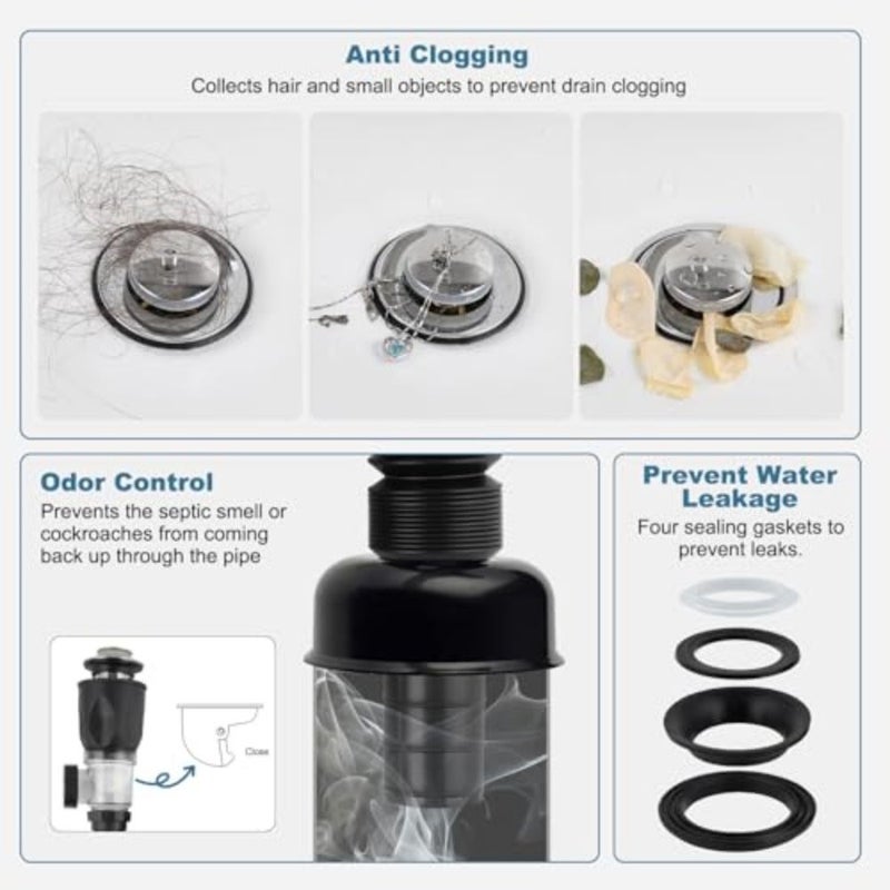 Bathroom Sink Drain Kit, Flexible P-Trap Drain Pipe with Pop Up Stopper, Expandable Bathroom Sink Pipe Replacement with 2 Adapters, Fits 1-1/4'', 1-1/2'', 2" Holes, Hair Catcher - Image 4