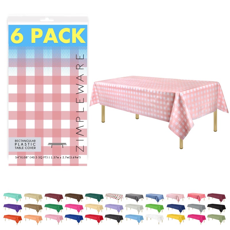 ZIMPLEWARE Premium Pink Gingham Checkered Plastic Table Cloth Disposable 6 Pk Plastic Tablecloths for Rectangle Tables 54in x 108in Party Table Cloths Disposable for 6ft to 8ft Rectangle Tables