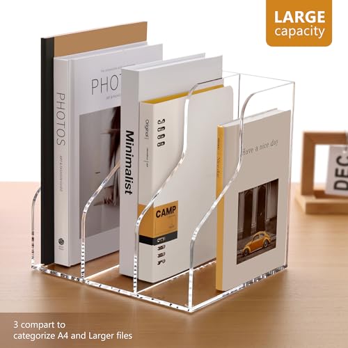 SANRUI Acrylic File Organizer, Clear Magazine File Holder with 3 Vertical Compartments, Desk Organizer for Home School Office Organization, Desk Bookshelf - Image 4
