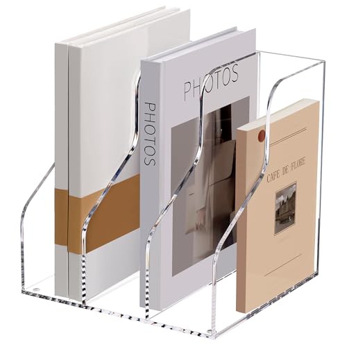 SANRUI Acrylic File Organizer, Clear Magazine File Holder with 3 Vertical Compartments, Desk Organizer for Home School Office Organization, Desk Bookshelf - Image 1