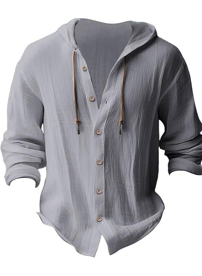 Men's Hooded T-Shirt  Summer Casual Cotton Linen Shirt Long Sleeve Top with Pocket  - Image 2