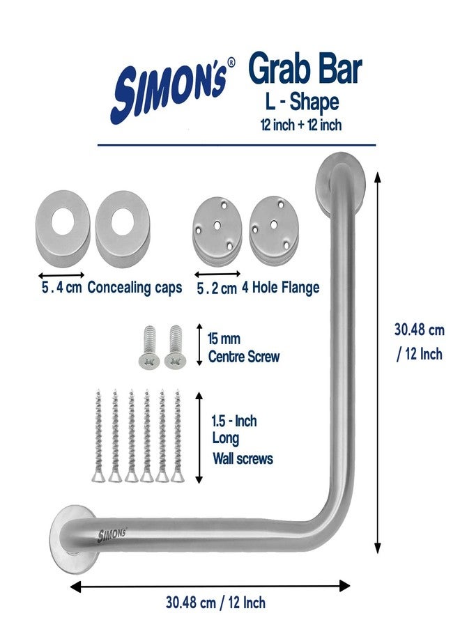 Simon's 100% Stainless Steel 304 Heavy Duty Grab bar for Bathroom handrailing and Safety Handle - 12+12 inch 90 Degree L - Shape - Image 2