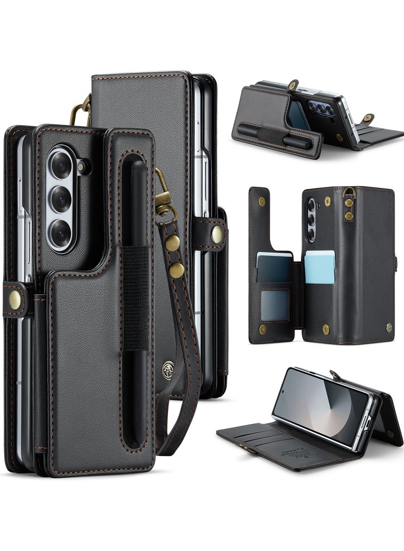 CaseMe Wallet Case for Samsung Galaxy Z Fold 6 5G Premium Handmade Durable PU Leather Slim Shockproof Case with [Double Magnetic Clasp] [Card Holder] [Kickstand] [RFID Blocking] (Black) - Image 1