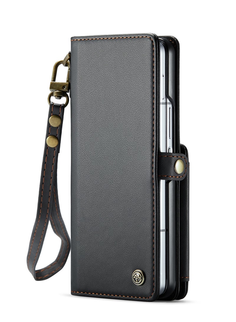 CaseMe Wallet Case for Samsung Galaxy Z Fold 6 5G Premium Handmade Durable PU Leather Slim Shockproof Case with [Double Magnetic Clasp] [Card Holder] [Kickstand] [RFID Blocking] (Black) - Image 2