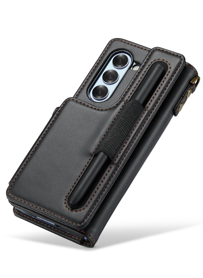 CaseMe Wallet Case for Samsung Galaxy Z Fold 6 5G Premium Handmade Durable PU Leather Slim Shockproof Case with [Double Magnetic Clasp] [Card Holder] [Kickstand] [RFID Blocking] (Black) - Image 5