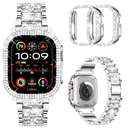 Mosonio Compatible with Apple Watch Band Ultra 49mm with Case Women, Jewelry Replacement Metal Wristband Strap with 2 Pack Bling PC Protective Cover for iWatch Ultra 49mm (Silver) - Image 1