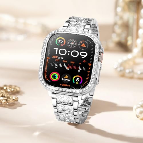 Mosonio Compatible with Apple Watch Band Ultra 49mm with Case Women, Jewelry Replacement Metal Wristband Strap with 2 Pack Bling PC Protective Cover for iWatch Ultra 49mm (Silver) - Image 3