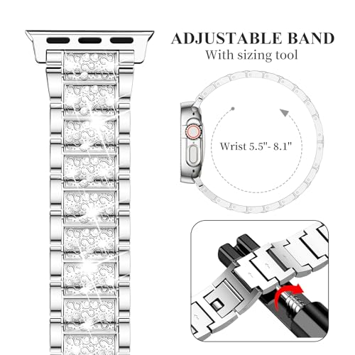 Mosonio Compatible with Apple Watch Band Ultra 49mm with Case Women, Jewelry Replacement Metal Wristband Strap with 2 Pack Bling PC Protective Cover for iWatch Ultra 49mm (Silver) - Image 5