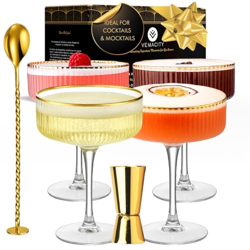 VEMACITY Ribbed Espresso Martini Glasses Set of 4 with Gold Rims Vintage Cocktail Glasses for Margaritas Champagne and More Includes Jigger Bar Spoon Ideal for Martinis and Cocktails