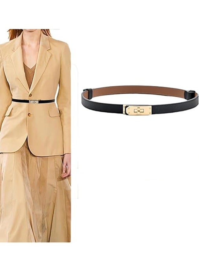 Generic Women's Thin Genuine Leather Fashion Waist Belt Adjustable Thin Belt, Women's Belt Alloy Turn Lock Adjustable Belt Thin Belt Suitable For Dress Jeans Jacket, Black 0.7 Lnch (Approximately 1.8 cm)  - Image 1