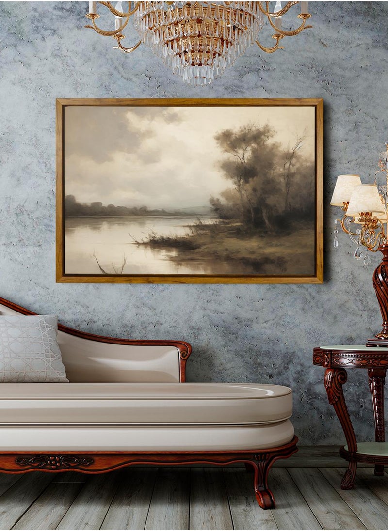 LOWHA Canvas Wall Art Stretched Over Wooden Frame with Wooden Color Floating Frame and Vintage Style Trees Along The Lake Painting  - Image 1