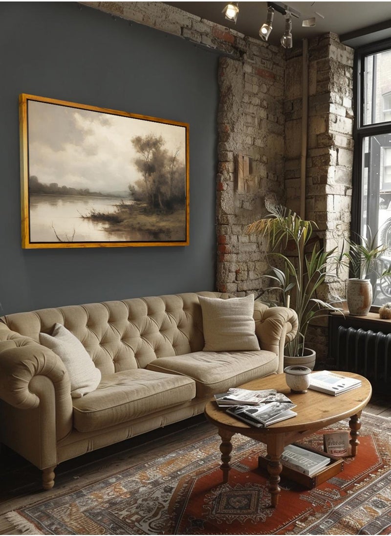 LOWHA Canvas Wall Art Stretched Over Wooden Frame with Wooden Color Floating Frame and Vintage Style Trees Along The Lake Painting  - Image 2