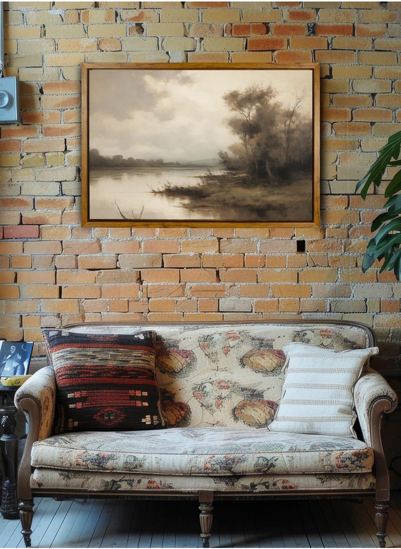 LOWHA Canvas Wall Art Stretched Over Wooden Frame with Wooden Color Floating Frame and Vintage Style Trees Along The Lake Painting  - Image 4