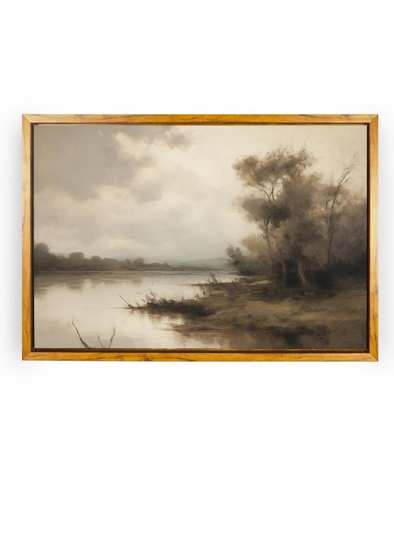LOWHA Canvas Wall Art Stretched Over Wooden Frame with Wooden Color Floating Frame and Vintage Style Trees Along The Lake Painting  - Image 5