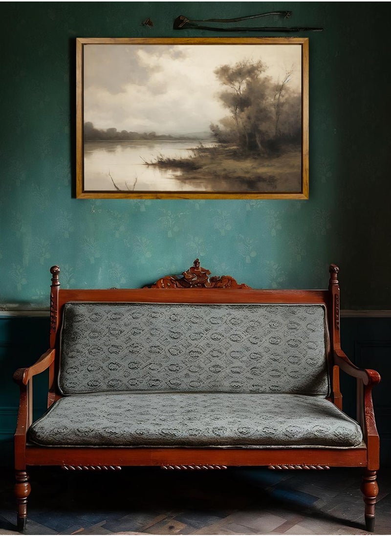 LOWHA Canvas Wall Art Stretched Over Wooden Frame with Wooden Color Floating Frame and Vintage Style Trees Along The Lake Painting  - Image 3