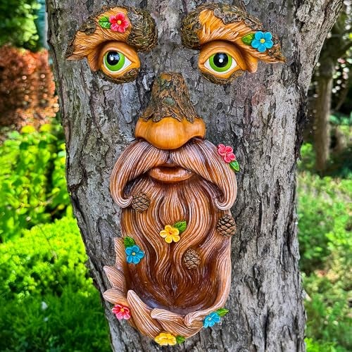 Mood Lab Tree Face Decor - Outdoor Bird Feeder - Old Man Face Decoration with Flowers - Tree Garden Hugger - Yard Art Statues - Image 1