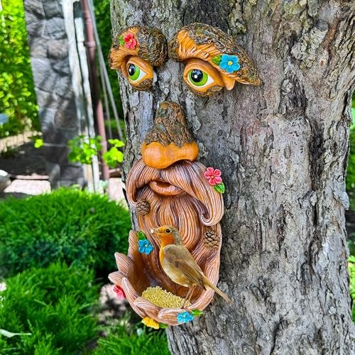 Mood Lab Tree Face Decor - Outdoor Bird Feeder - Old Man Face Decoration with Flowers - Tree Garden Hugger - Yard Art Statues - Image 4