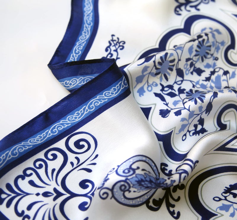 MEISEE Pure Natural Mulberry Silk Scarfs Women Small Square Scarf 21" x 21" Breathable Lightweight Neckerchief Printed Headscarf (Blue and white porcelain) - Image 5