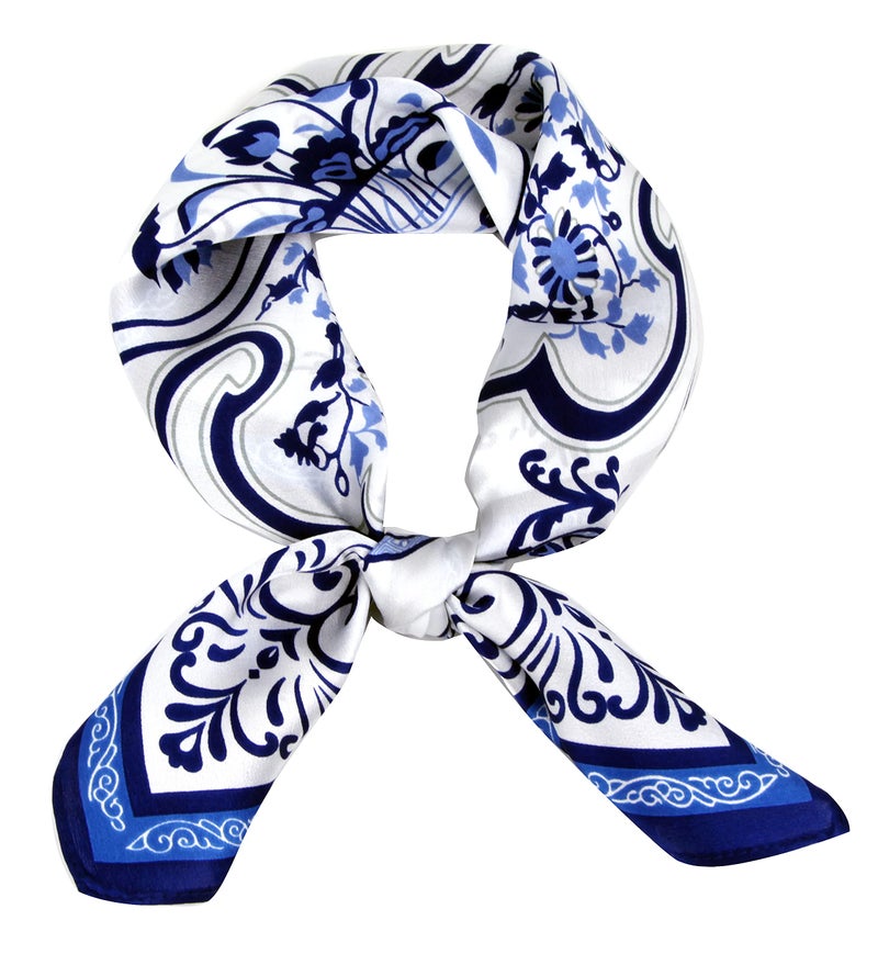 MEISEE Pure Natural Mulberry Silk Scarfs Women Small Square Scarf 21" x 21" Breathable Lightweight Neckerchief Printed Headscarf (Blue and white porcelain) - Image 1