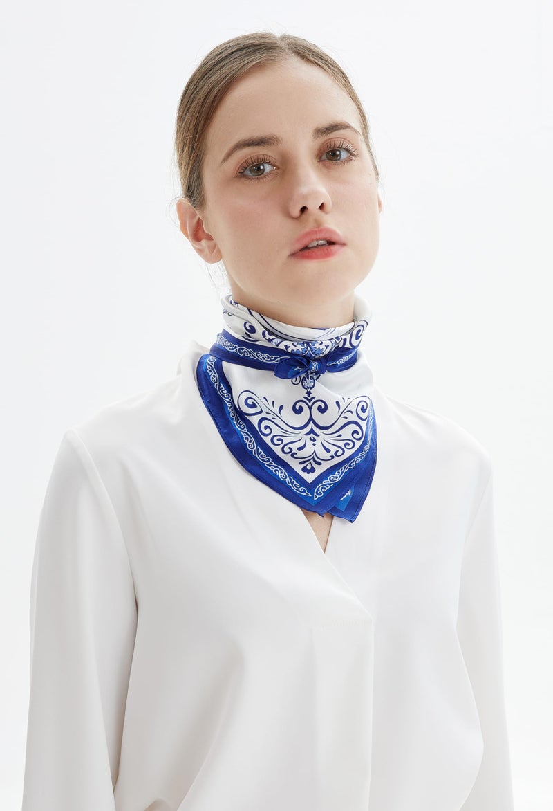 MEISEE Pure Natural Mulberry Silk Scarfs Women Small Square Scarf 21" x 21" Breathable Lightweight Neckerchief Printed Headscarf (Blue and white porcelain) - Image 2