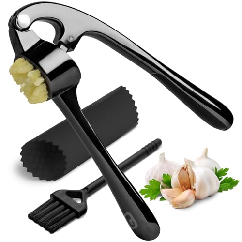 Global Digitronix Garlic Press Crusher Mincer Easy Squeeze Ergonomic Handle Heavy Duty Zinc Alloy Dishwasher Safe Includes Peeler Cleaning Brush Garlic Ginger Crusher Tool Black - Image 1