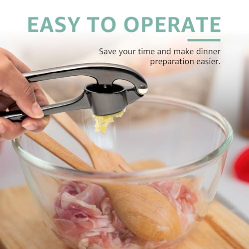 Global Digitronix Garlic Press Crusher Mincer Easy Squeeze Ergonomic Handle Heavy Duty Zinc Alloy Dishwasher Safe Includes Peeler Cleaning Brush Garlic Ginger Crusher Tool Black - Image 3