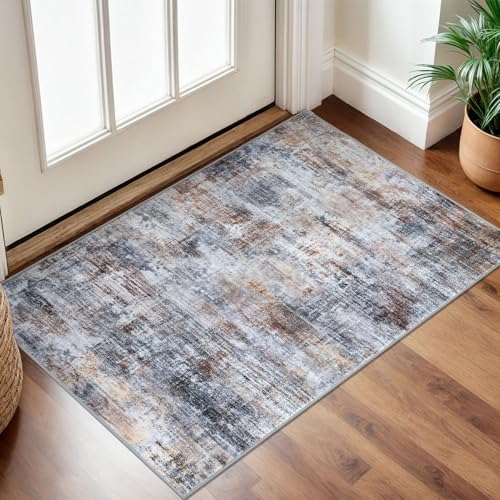 IOHOUZE Small Abstract Area Rug 2x3 Ft Entryway Rugs Washable Door Mat Indoor Entrance, Rubber Backed Throw Rugs, Printed Faux Wool Non Slip Floor Carpet for Foyer Front Door Sink, Orange Grey - Image 1