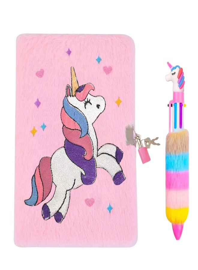 Le Delite Unicorn fur diary I Lock and key secret password fur plush soft notebook with multicolor 6in1 pen best party return gift for kids (large) - Image 1