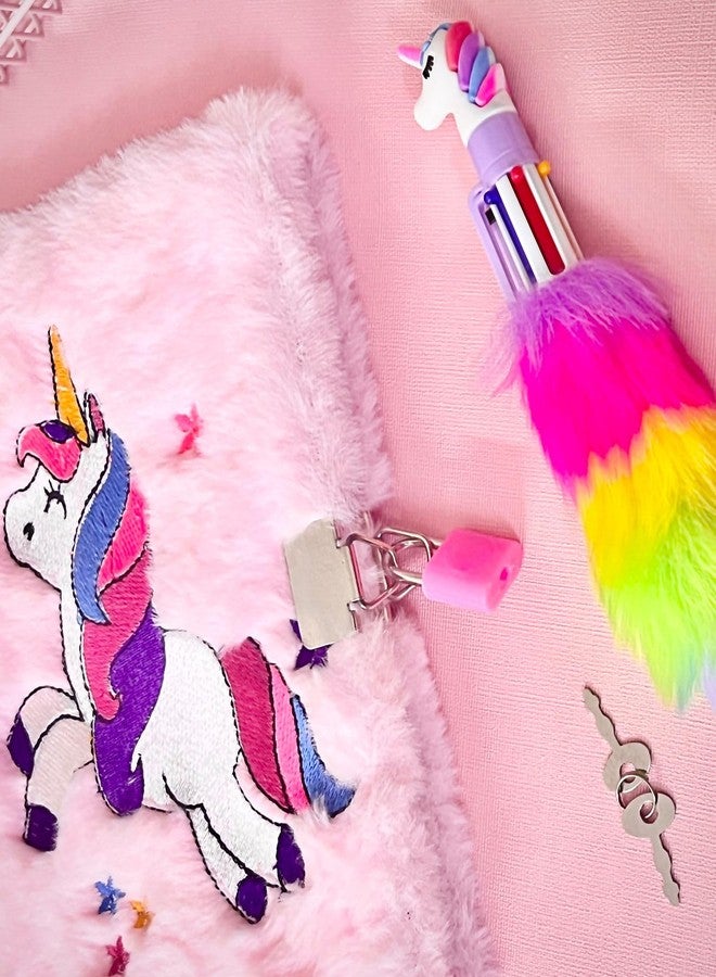 Le Delite Unicorn fur diary I Lock and key secret password fur plush soft notebook with multicolor 6in1 pen best party return gift for kids (large) - Image 3