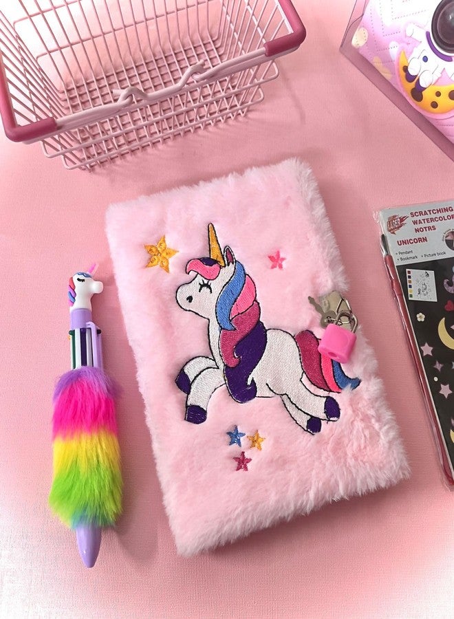 Le Delite Unicorn fur diary I Lock and key secret password fur plush soft notebook with multicolor 6in1 pen best party return gift for kids (large) - Image 2