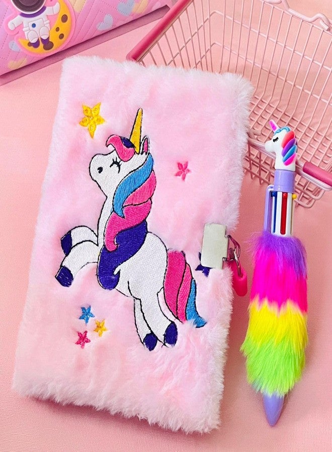 Le Delite Unicorn fur diary I Lock and key secret password fur plush soft notebook with multicolor 6in1 pen best party return gift for kids (large) - Image 5