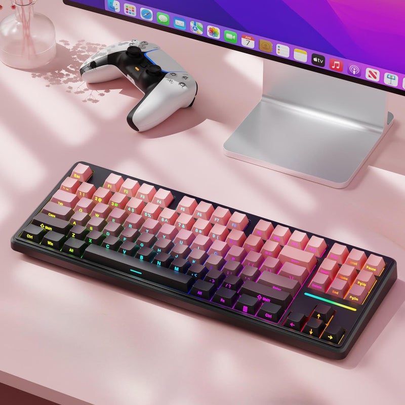EWEADN V80 Wired TKL RGB Gaming Keyboard, 80% Compact Layout with PBT Keycaps, Whisper Quiet Membrane Switch, 26-Key Anti-Ghosting, Ergonomic Computer Keyboard for Laptop PC Gamer - BlackBerry Pink - Image 1