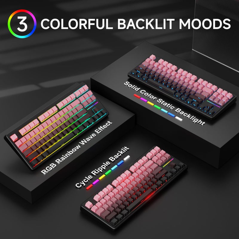 EWEADN V80 Wired TKL RGB Gaming Keyboard, 80% Compact Layout with PBT Keycaps, Whisper Quiet Membrane Switch, 26-Key Anti-Ghosting, Ergonomic Computer Keyboard for Laptop PC Gamer - BlackBerry Pink - Image 2