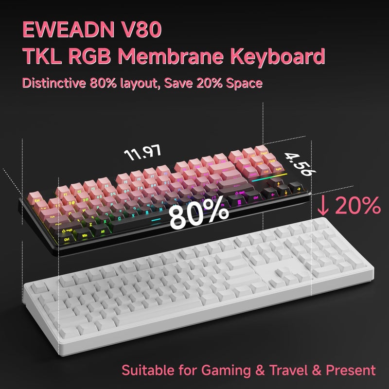 EWEADN V80 Wired TKL RGB Gaming Keyboard, 80% Compact Layout with PBT Keycaps, Whisper Quiet Membrane Switch, 26-Key Anti-Ghosting, Ergonomic Computer Keyboard for Laptop PC Gamer - BlackBerry Pink - Image 5