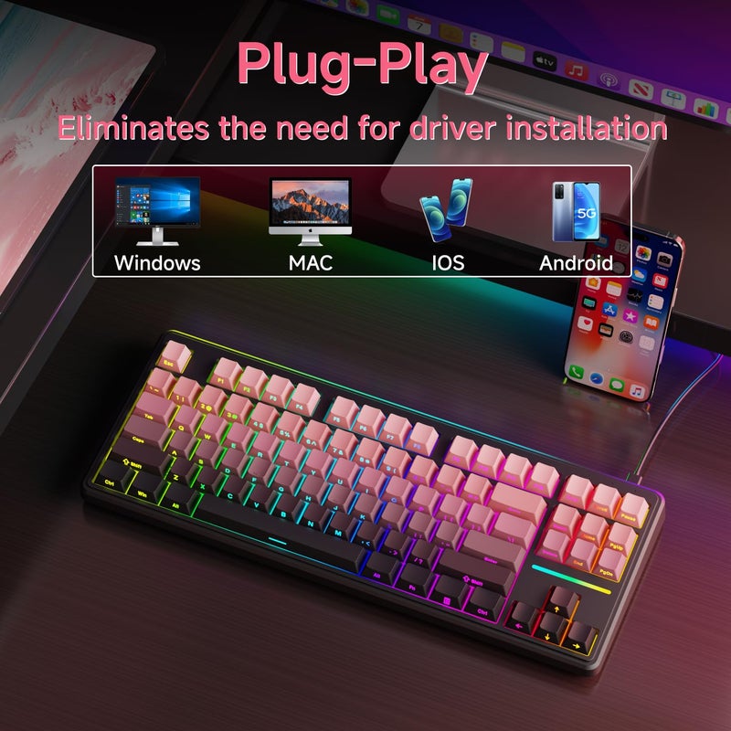 EWEADN V80 Wired TKL RGB Gaming Keyboard, 80% Compact Layout with PBT Keycaps, Whisper Quiet Membrane Switch, 26-Key Anti-Ghosting, Ergonomic Computer Keyboard for Laptop PC Gamer - BlackBerry Pink - Image 3